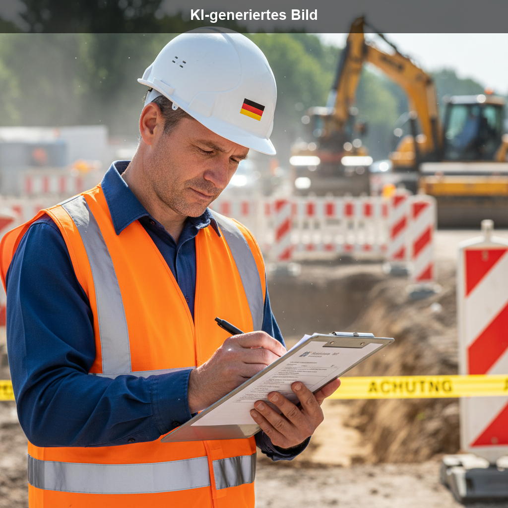 Bauleiter mit Klemmbrett auf einer Straßenbaustelle, symbolisch für die Behinderungsanzeige nach § 6 VOB/B