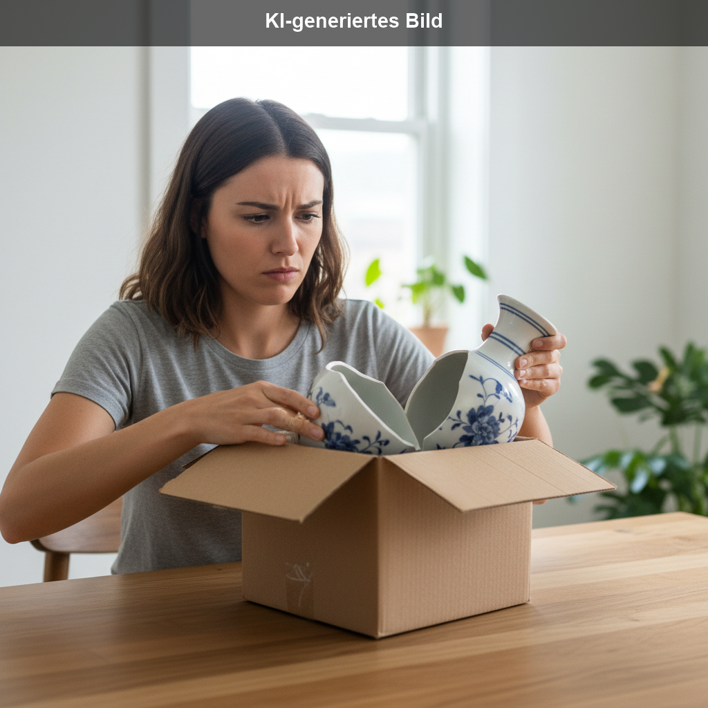 Frau packt zerbrochene Vase aus einem Paket aus, symbolisch für mangelhafte Ware nach Kaufrecht
